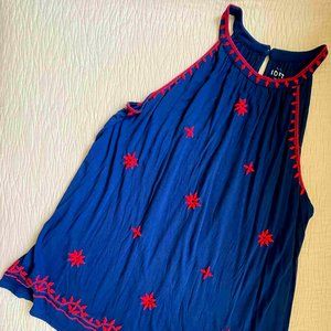 LOFT Royal Blue and Red Embroidered Halter Top, Size L